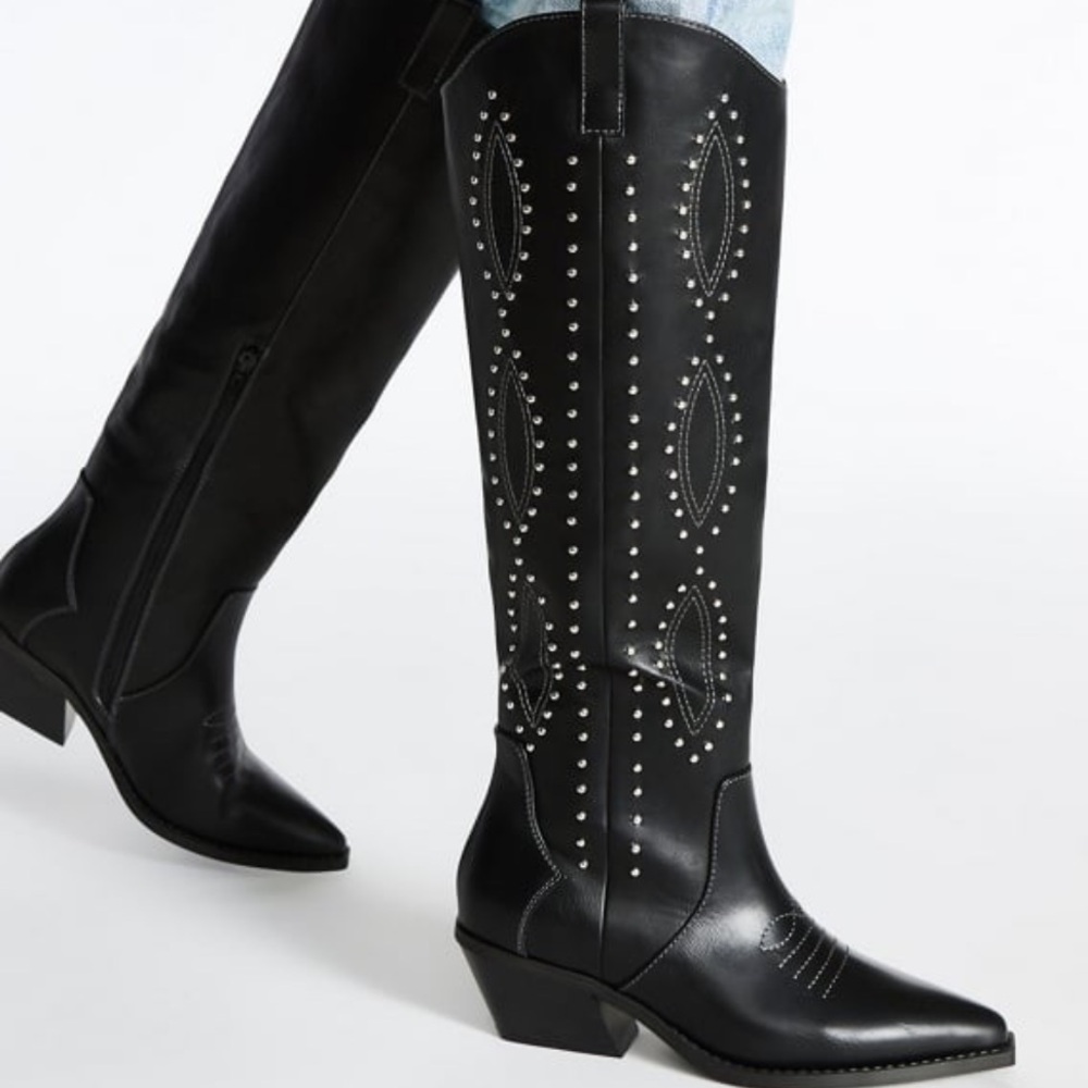 Black Studded Cowboy Boots - Just Fab